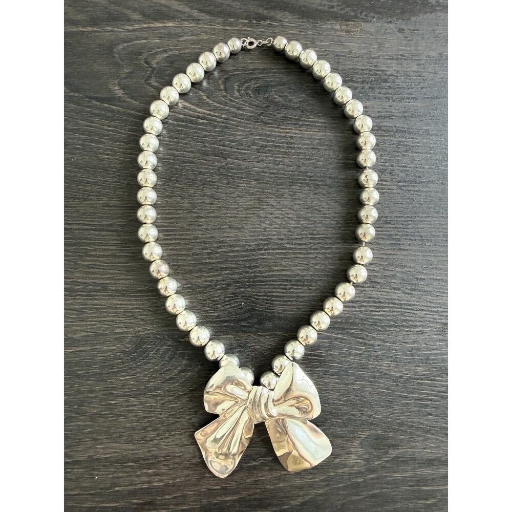 Silver Tone Beaded Necklace Large Bow Pendant Statement Chunky 18”